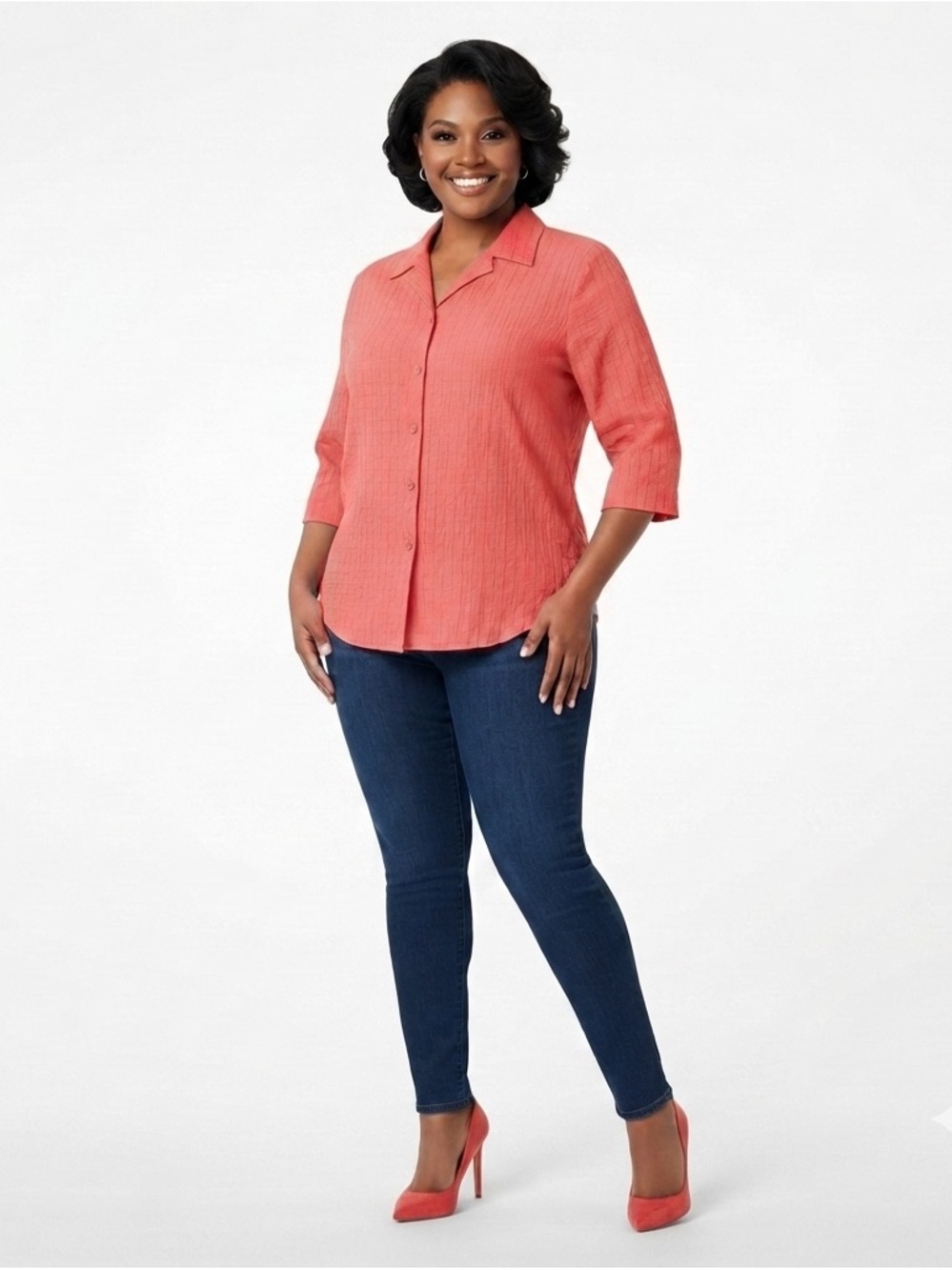 White Stag Coral Pink Red Crinkle Button Down Blouse Plus Size 30W 32W
